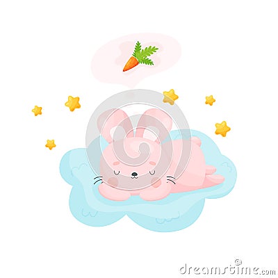 Cute cartoon Easter bunny sleeping on the fluffy cloud and dreames about a carrot. Vector Illustration