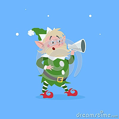 Cute cartoon elderly elf in googles and command through the speaking-trumpet. Christmas funny character. Santa Claus helper. Elfis Vector Illustration