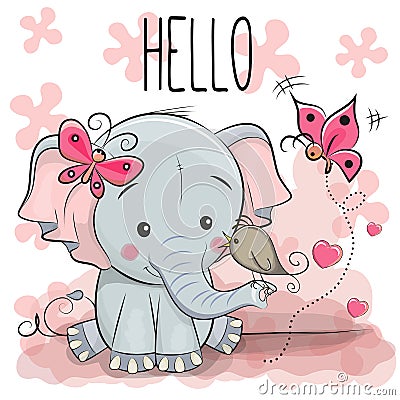 Cute cartoon Elephant with bird Vector Illustration