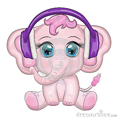 Cute cartoon elephant, childish character with beautiful eyes wearing headphones, music lover listening to music Vector Illustration