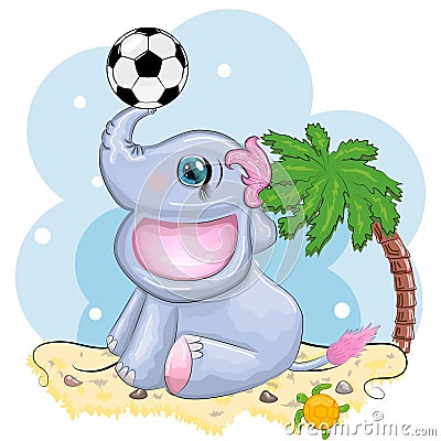 Cute cartoon elephant, children's character with beautiful eyes with a soccer ball, games for children and adults Stock Photo