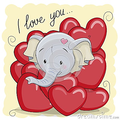 Cute Cartoon Elephant in hearts Vector Illustration