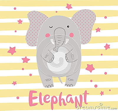 Cute cartoon elephant on a striped background. Vector Illustration