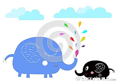 Cute cartoon elephants with colorful splash water drops Stock Photo