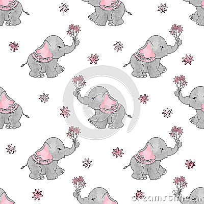 Cute cartoon elephants with flowers seamless vector pattern Vector Illustration