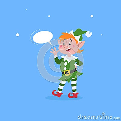 Cute cartoon elf with dummy speech bubble waving hand. Christmas funny character. Santa Claus helper. Elfish boy. Isolated on blue Vector Illustration