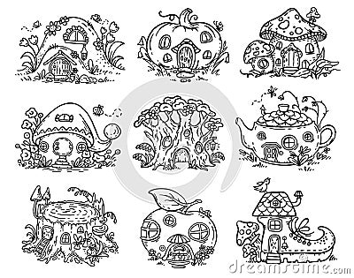 Cute cartoon elven, fairy or gnome houses in the form of pumpkin, tree, teapot, boot, apple, mushroom, stump Vector Illustration