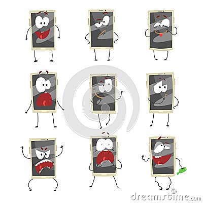 Cute cartoon emoticon phones with gray faces set. Smartphones with different emoticons Vector Illustration