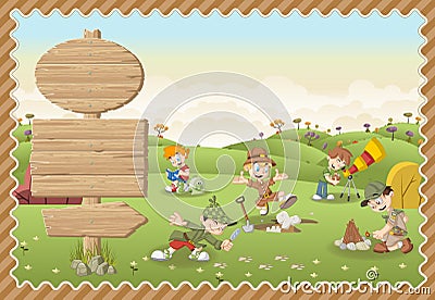 Cute cartoon explorer boys on a green park. Vector Illustration