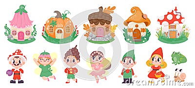 Cute cartoon fairies, elves and gnomes, fairytale houses. Magic flower fairy princess, gnome with mushroom hat. Fantazy Vector Illustration