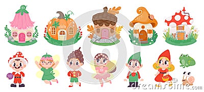 Cute cartoon fairies, elves and gnomes, fairytale houses. Magic flower fairy princess, gnome with mushroom hat. Fantazy character Stock Photo