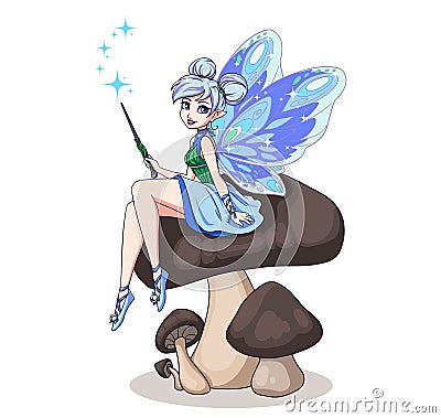 Cute cartoon fairy with butterfly wings sitting on mushroom. Girl with white buns wearing blue dress. Hand drawn vector Vector Illustration