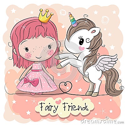 Cute Cartoon fairy tale Princess and Unicorn Vector Illustration