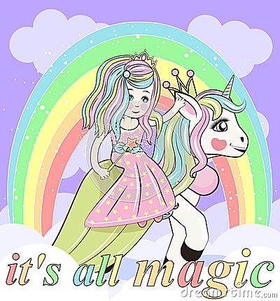 Cute Cartoon fairy tale Princess and Unicorn Vector Illustration