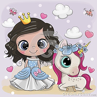 Cute Cartoon fairy tale Princess and Unicorn Vector Illustration