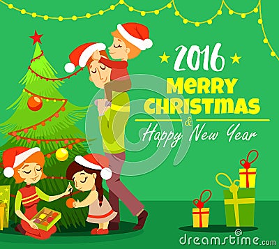 Cute cartoon family decorating christmas tree and celebrating christmas Vector Illustration