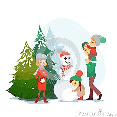 Cute cartoon family enjoying winter vacation in winter forest. Vector Illustration