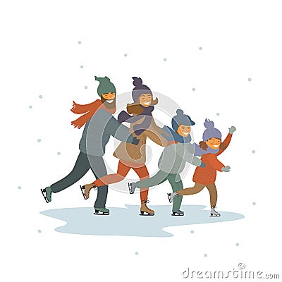 Cartoon family, kids and parents ice figure skating together on ice rink isolated vector illustration scene Vector Illustration