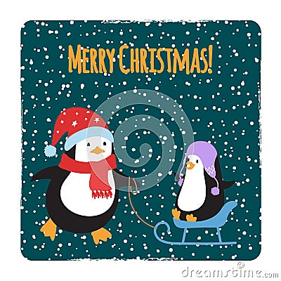 Cute cartoon family penguins Christmas cards design Vector Illustration