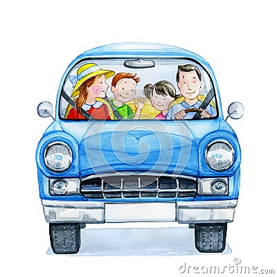 Cute cartoon Family rides in the car. Watercolor illustration. Cartoon Illustration