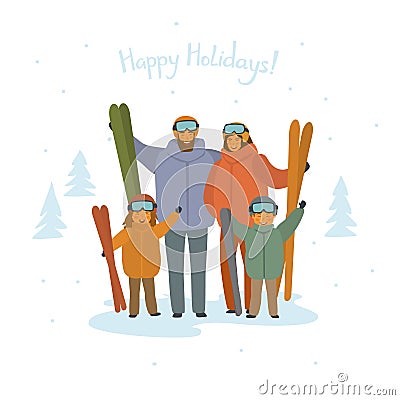 Cute cartoon family skiers portrait, winter sports Vector Illustration