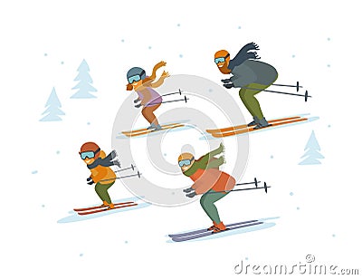 Cute cartoon family skiing downhill isolated vector illustration winter sports Vector Illustration