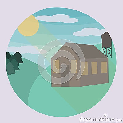 Cute cartoon fantasy summer sunny day with curvy rounded hills and beatuful rural small house, trees, bushes vector Vector Illustration
