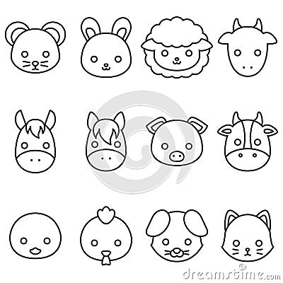 Cute cartoon farm animal line icon set Vector Illustration