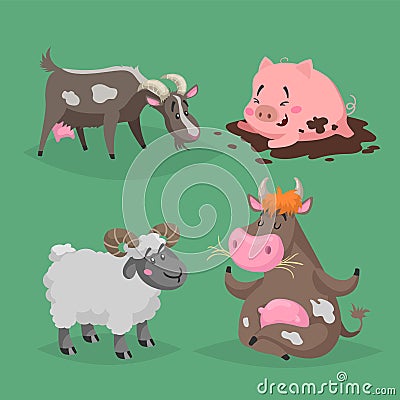 Cute cartoon farm animals set. Furry ram, cow sitting in meditation pose, pig lying in the mud and grazes goat. Vector domestic ch Vector Illustration