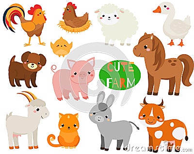 Cute cartoon farm animals set. Pig, sheep, horse and other domestic creatures for kids and children Vector Illustration