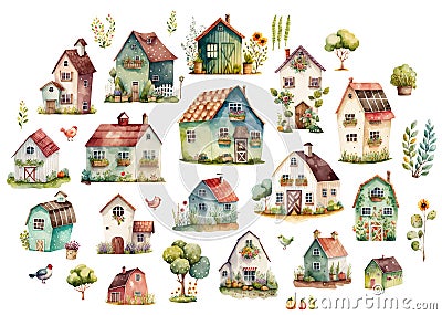 Cute cartoon farm houses collection, village, rural buildings, watercolor digital illustration Cartoon Illustration