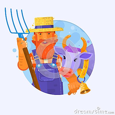 Cute cartoon farmer w with smiling cow. Characters for mascot design. Vector illustration Vector Illustration