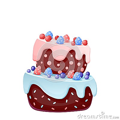 Cute cartoon festive cake witch candies. Chocolate biscuit with cherries and blueberries. for parties, birthdays. Isolated element Vector Illustration