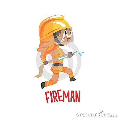 Cute cartoon fireman character using water hose vector Illustration Vector Illustration