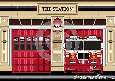 Cute Cartoon Fireman - Fire Truck Vector Illustration