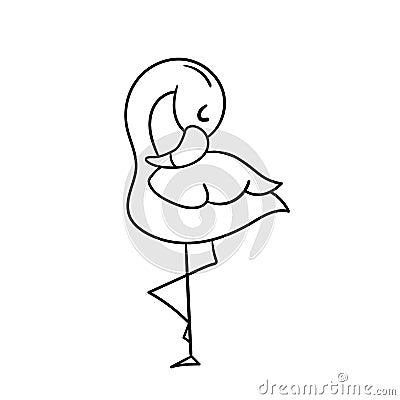 Cute cartoon flamingo standing on one leg. A funny flamingo sleeping Vector Illustration