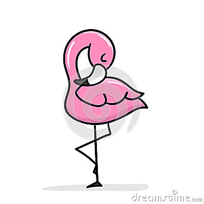 Cute cartoon flamingo standing on one leg. A funny pink flamingo sleeping Vector Illustration