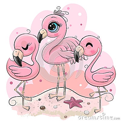 Cute cartoon flamingos on the beach Vector Illustration