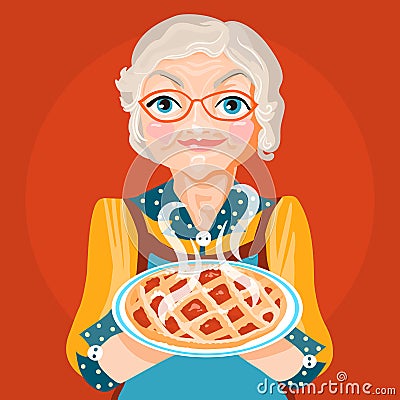Grandmother grandma in a orange dress and glasses with cooked, fresh baked pie Vector Illustration