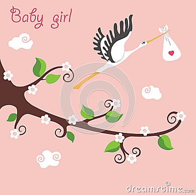 Cute cartoon flowering branch.Flying stork with newborn baby-girl Vector Illustration