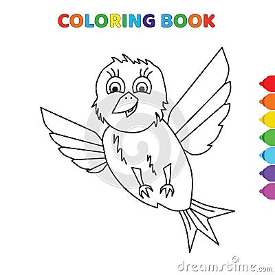 Cute cartoon flying happy baby bird coloring book for kids. black and white vector illustration for coloring book. flying happy Vector Illustration