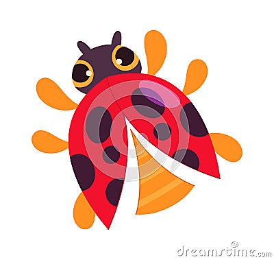 Cute cartoon flying ladybug beetle flat icon Vector Illustration