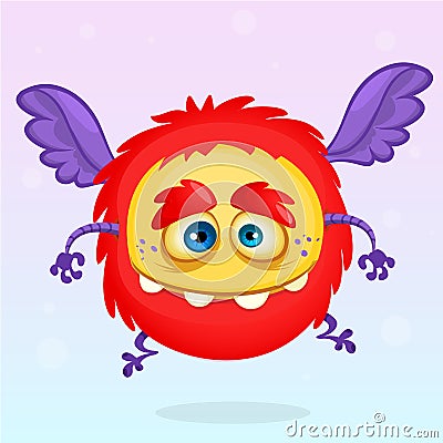 Cute cartoon flying monster. Halloween vector fluffy red monster. Vector Illustration