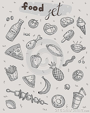 Cute cartoon food set on neutral background Vector Illustration