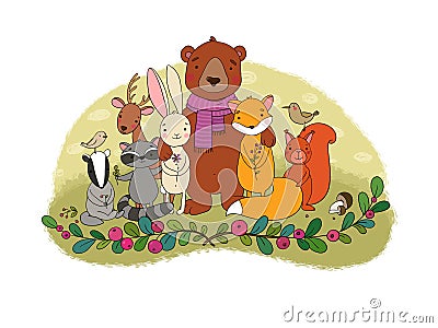 Cute cartoon forest animals. Cheerful bear, fox, cute hare, squirrel and raccoon in the meadow Vector Illustration