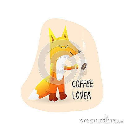 Cute cartoon fox with coffee and text coffee lover Vector Illustration