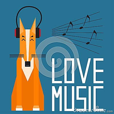 Cute cartoon fox enjoys music in headphones. Simple graphical il Vector Illustration