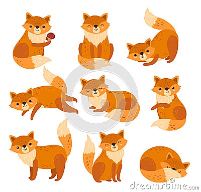 Cute cartoon fox. Forest foxes, red animals with fluffy tails. Flat foxy character running or standing, isolated Vector Illustration