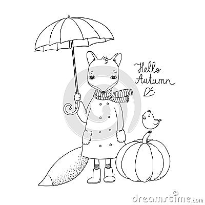 Cute cartoon fox under an umbrella and a small bird on a pumpkin. Vector Illustration