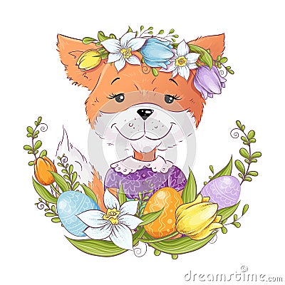 Cute cartoon fox in a wreath of colorful Easter eggs and spring flowers Vector Illustration